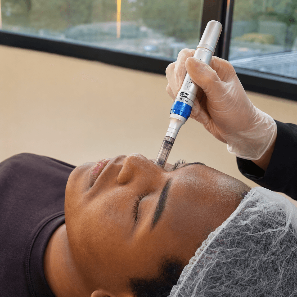 Procedimento de microagulhamento facial para estimular colágeno e melhorar a textura da pele em clínica de estética em Brasília